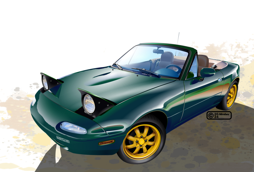 2024 artist_name car convertible eunos_roadster green_car highres mazda mazda_mx-5 mazda_mx-5_na motor_vehicle nimbus_goldbrum no_humans original pop-up_headlights radio_antenna shadow vehicle_focus