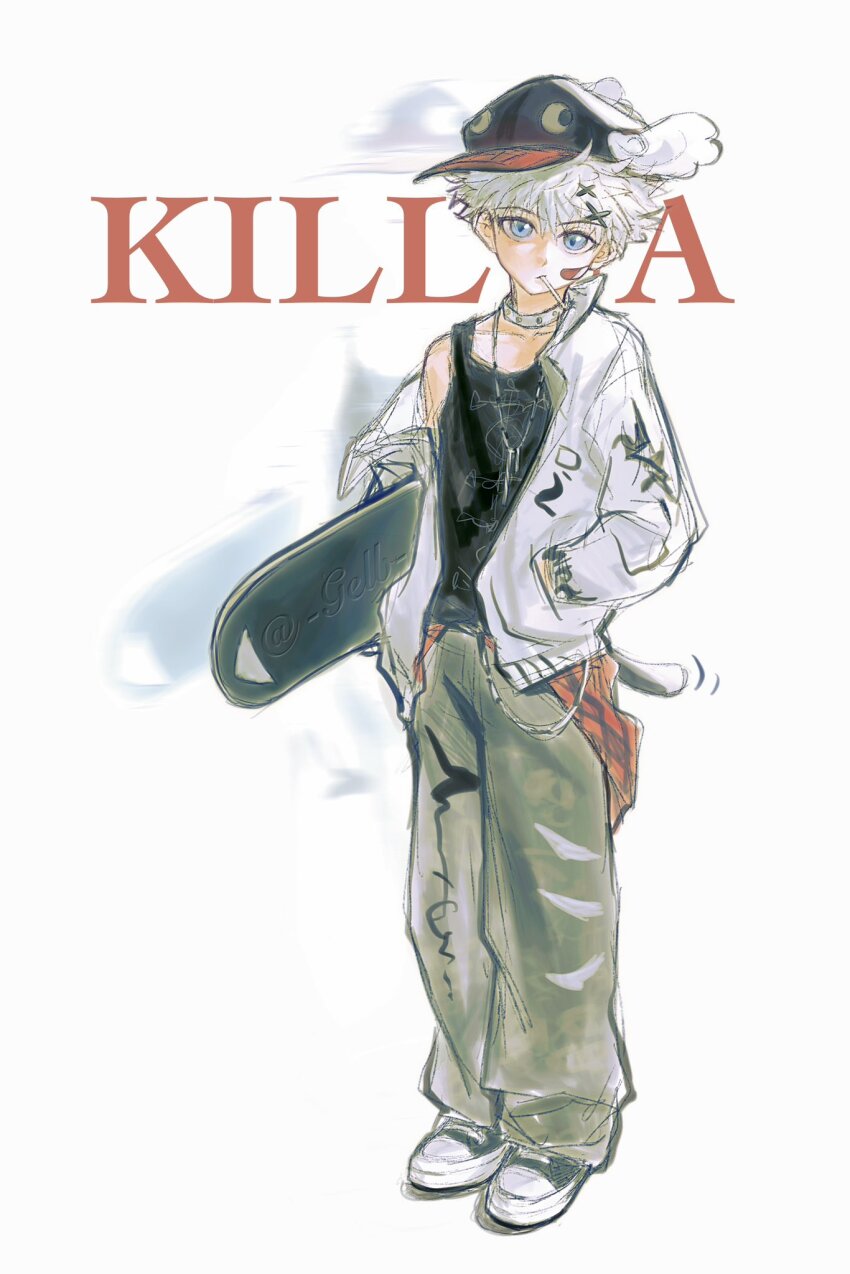 1boy alternate_costume bandaid bandaid_on_cheek bandaid_on_face black_tank_top character_name collar collarbone converse full_body gelb grey_pants hand_in_pocket hat highres holding holding_skateboard hunter_x_hunter jacket jacket_partially_removed jewelry killua_zoldyck long_sleeves looking_at_viewer male_focus necklace pants shoes short_hair single_bare_shoulder skateboard sketch sneakers studded_collar tank_top white_collar white_hair white_jacket winged_hat