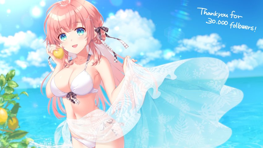 1girl :d absurdres alpha_(yukai_na_nakamatachi) bikini blue_eyes blue_sky blurry blurry_background braid breasts cleavage cloud collarbone day food front-tie_bikini_top front-tie_top fruit hair_ornament hair_ribbon highres holding holding_food holding_fruit lemon long_hair medium_breasts navel ocean open_mouth original outdoors pink_hair plaid_ribbon ribbon sarong side-tie_bikini_bottom sidelocks sky smile solo standing summer swimsuit very_long_hair white_bikini x_hair_ornament