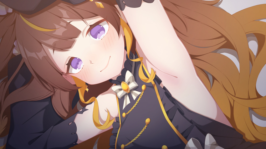 1girl absurdres anya_melfissa anya_melfissa_(1st_costume) aobara_hairi armpits arms_up black_dress blonde_hair brown_hair close-up commentary detached_sleeves dress dutch_angle frilled_dress frills gradient_hair hair_ornament highres hololive hololive_indonesia long_hair looking_at_viewer lying multicolored_hair on_back purple_eyes smile solo streaked_hair two-tone_hair vignetting virtual_youtuber