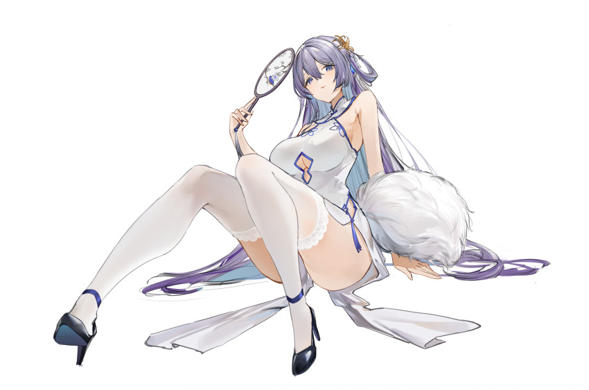 1girl absurdres arm_support armpit_crease ass azur_lane bare_shoulders black_footwear china_dress chinese_clothes clothing_cutout commentary_request dress flantia frilled_thighhighs frills full_body hair_rings hand_fan high_heels highres holding holding_fan knees_together_feet_apart knees_up long_hair looking_at_viewer official_alternate_costume open_mouth paper_fan print_paper_fan purple_eyes purple_hair rodney_(azur_lane) rodney_(immaculate_beauty)_(azur_lane) simple_background sitting sleeveless sleeveless_dress smile solo thighhighs thighs underboob_cutout very_long_hair white_background white_dress white_thighhighs