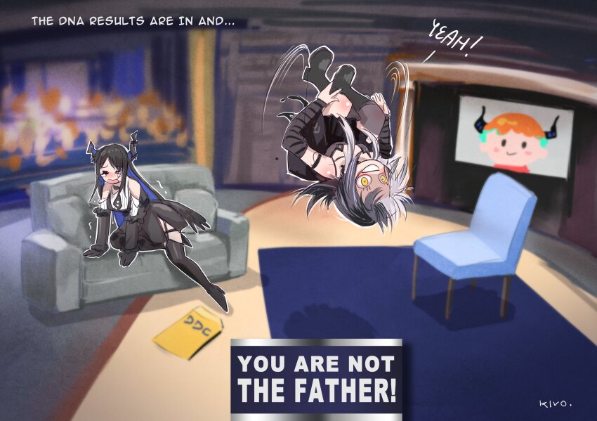 1other 2girls :d =_= artist_name asymmetrical_horns backflip black_footwear black_hair blue_hair blush blush_stickers boots c: chair choker colored_inner_hair commentary couch crying demon_horns english_commentary english_text envelope flower full_body highres hololive hololive_english horn_flower horns indoors kivo lace lace_choker long_hair multicolored_hair multiple_girls nerissa_ravencroft nerissa_ravencroft_(1st_costume) open_mouth orange_hair shiori_novella shiori_novella_(1st_costume) sitting smile split-color_hair striped_arm_warmers the_maury_show two-tone_hair uneven_horns virtual_youtuber yellow_eyes