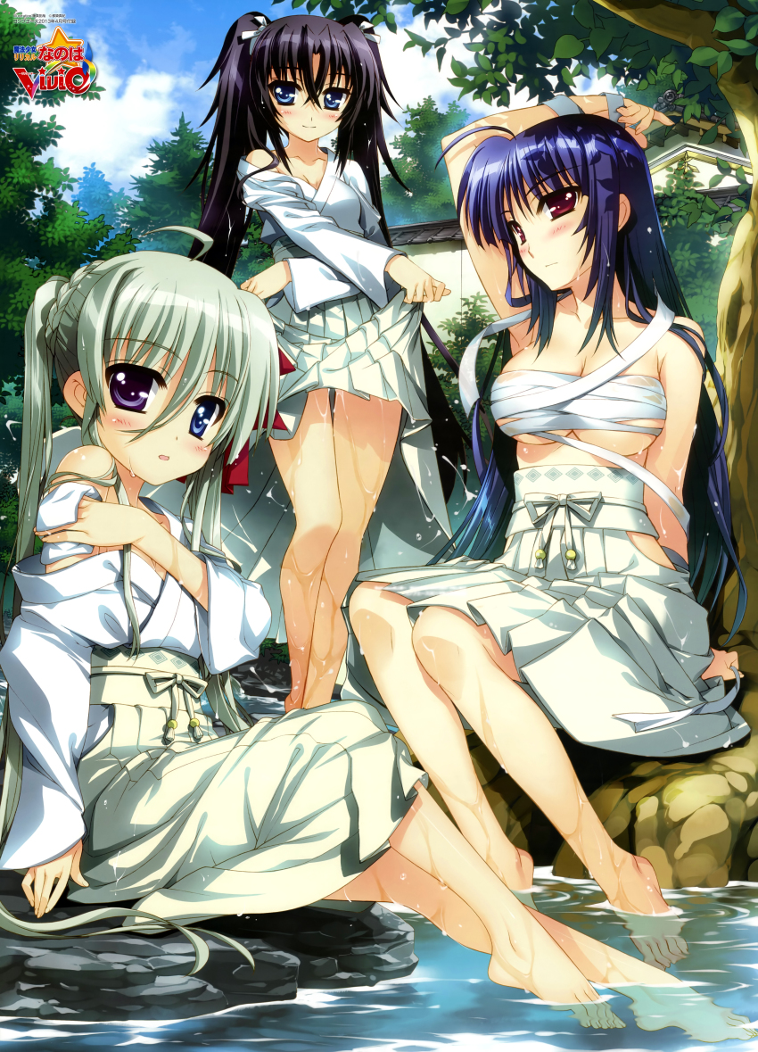 10s 3girls absurdres ahoge arm_up bare_legs barefoot black_hair blue_hair breasts cleavage clothes_lift einhard_stratos feet fujima_takuya green_hair hair_between_eyes hakama hakama_lift hakama_skirt heterochromia highres huge_filesize japanese_clothes large_breasts light_smile long_hair lyrical_nanoha mahou_shoujo_lyrical_nanoha_vivid mikaya_chevelle miko multiple_girls off_shoulder red_eyes sarashi scan sieglinde_eremiah sitting skirt smile soaking_feet toes very_long_hair water wet