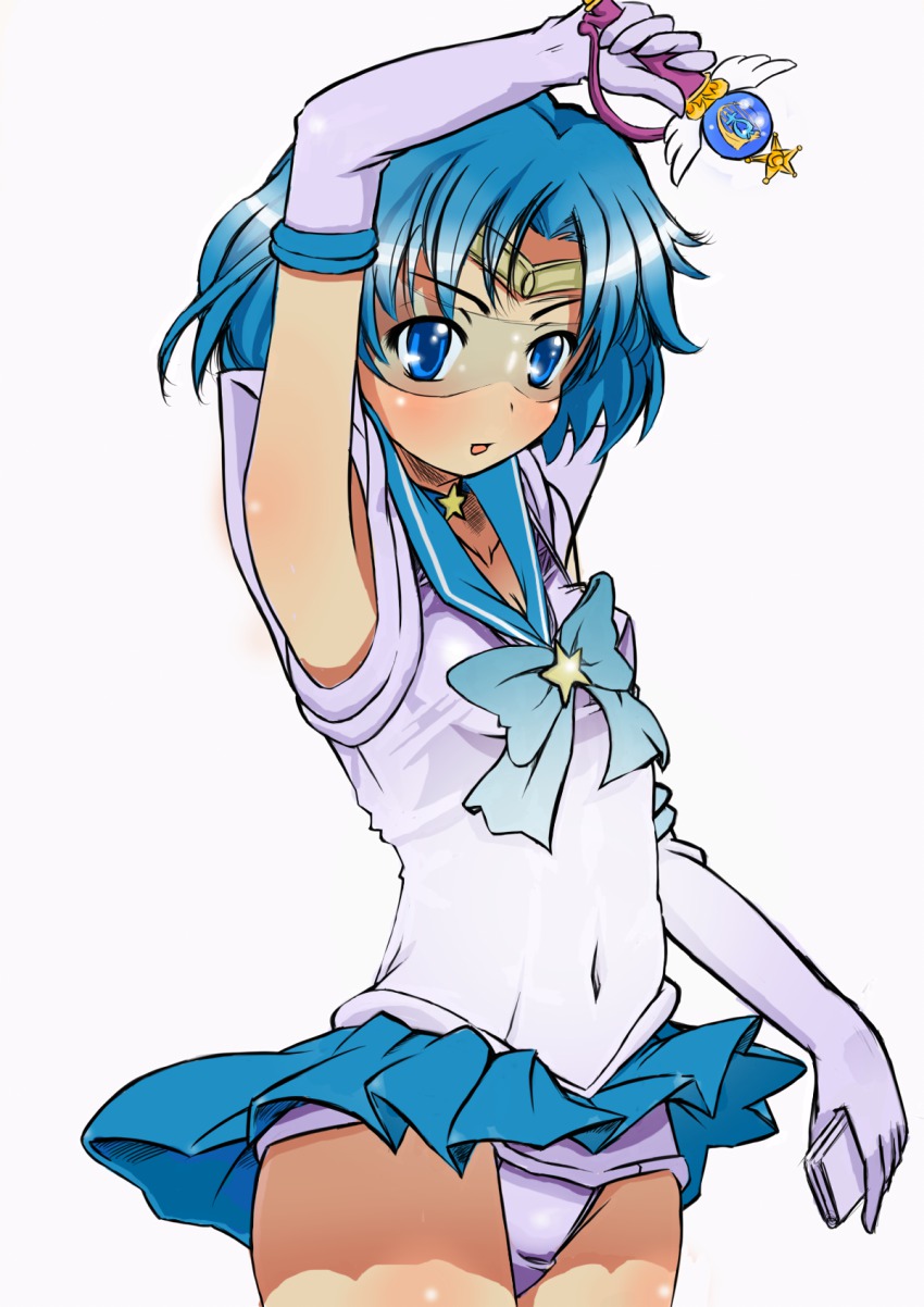 1990s_(style) 1girl aburisamon bishoujo_senshi_sailor_moon bishoujo_senshi_sailor_moon_stars blue_eyes blue_hair blue_sailor_collar blue_skirt brooch choker elbow_gloves female_focus gloves highres jewelry magical_girl matching_hair/eyes md5_mismatch mercury_symbol mizuno_ami panties pantyshot retro_artstyle sailor_collar sailor_mercury short_hair skirt solo star_brooch sunglasses super_sailor_mercury_(stars) tiara underwear upskirt visor white_gloves