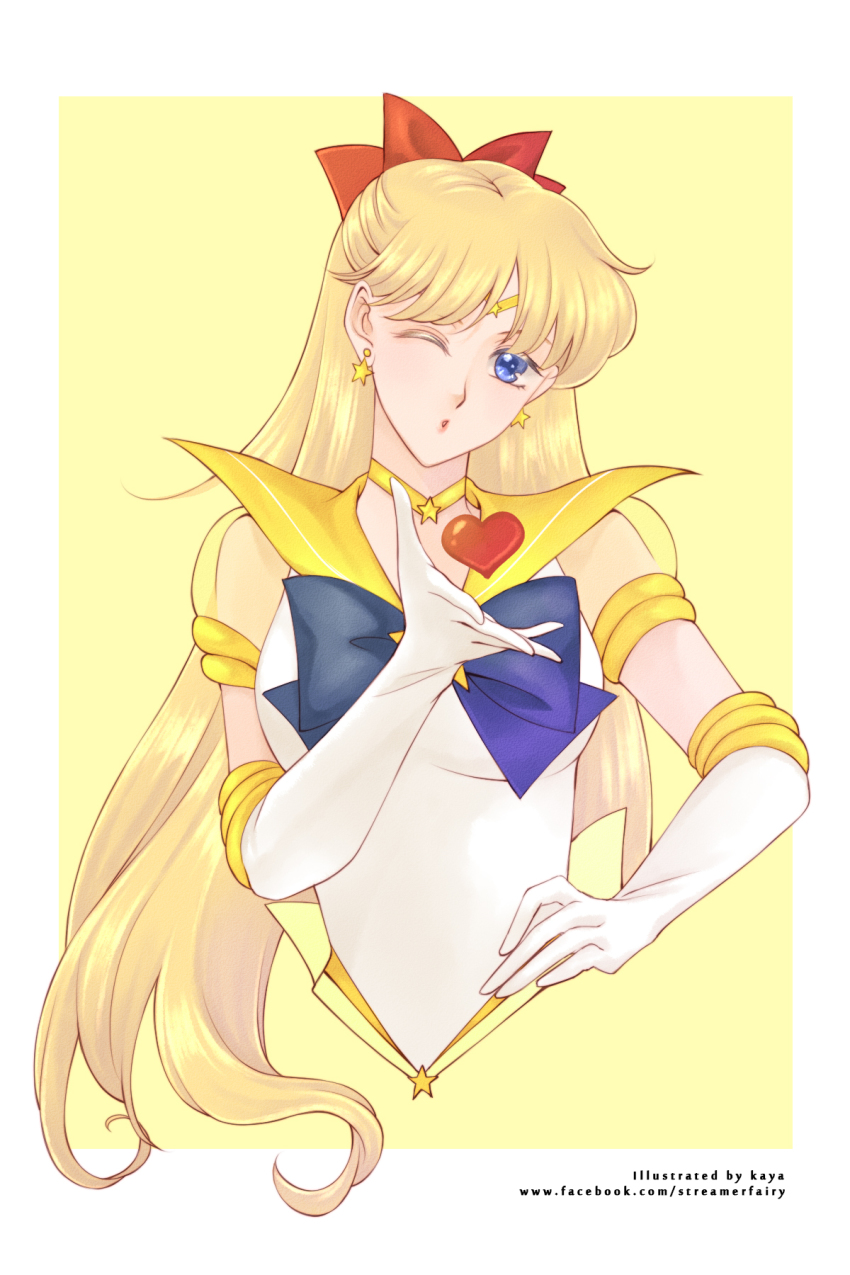 1girl aino_minako artist_name bishoujo_senshi_sailor_moon bishoujo_senshi_sailor_moon_stars blonde_hair blowing_kiss blue_eyes blue_neckwear border bow brooch choker circlet cropped_torso earrings elbow_gloves gloves hair_bow hand_on_own_hip head_tilt heart highres jewelry kiss koya long_hair looking_at_viewer one_eye_closed outside_border parted_lips red_bow sailor_collar sailor_senshi_uniform sailor_venus solo star_(symbol) star_brooch star_choker star_earrings upper_body very_long_hair watermark web_address white_border white_gloves yellow_background yellow_choker yellow_sailor_collar