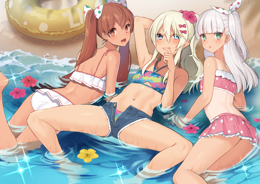 3girls akagi_kurage ass bare_legs barefoot beach bikini bikini_skirt bikini_under_clothes blonde_hair blue_bikini blue_eyes blunt_bangs blush breasts brown_eyes brown_hair closed_mouth collarbone commentary_request dark-skinned_female dark_skin denim denim_shorts fang flower frilled_bikini frills grecale_(kancolle) grecale_(swimsuit)_(kancolle) green_eyes hair_between_eyes hair_flower hair_ornament hair_ribbon halterneck heart heart-shaped_pupils highres innertube kantai_collection libeccio_(kancolle) libeccio_(swimsuit)_(kancolle) long_hair looking_at_viewer lying maestrale_(kancolle) maestrale_kai_(swimsuit)_(kancolle) multiple_girls navel on_back on_side on_stomach one-piece_tan one_side_up open_fly open_mouth outdoors partially_submerged pink_bikini polka_dot polka_dot_bikini ribbon sand shallow_water short_shorts shorts side_ponytail silver_hair small_breasts smile spread_legs striped swim_ring swimsuit swimsuit_under_clothes symbol-shaped_pupils tan tanline tongue tongue_out twintails unzipped water waves wavy_hair wet white_bikini