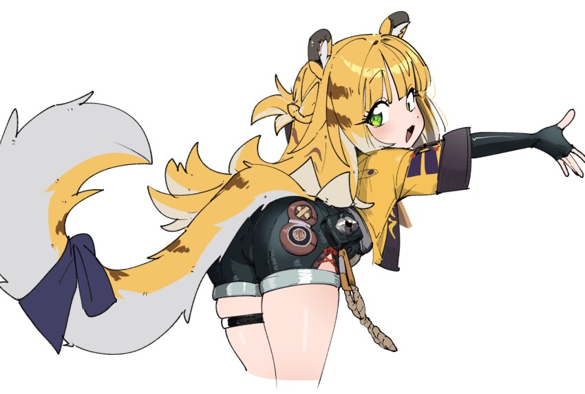 1girl :3 animal_ears ass bent_over black_gloves black_shorts blonde_hair blue_ribbon blush cropped_jacket cropped_legs elbow_gloves fang fingerless_gloves from_behind gloves green_eyes half_updo high-waist_shorts jacket ju_fufu legs_together loli long_hair looking_at_viewer looking_back ocha_(popopogg) open_mouth outstretched_arms ribbon short_shorts short_sleeves shorts simple_background skindentation smile solo standing striped_hair tail tail_ornament tail_ribbon thigh_strap tiger_ears tiger_girl tiger_tail white_background yellow_jacket zenless_zone_zero