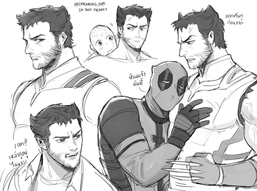 2boys :p anger_vein bald beard blush claw_(weapon) clenched_hand closed_mouth commentary deadpool deadpool_&amp;_wolverine deadpool_(series) dreaming_oor english_commentary face_to_pecs facial_hair frown gloves groping highres looking_at_another looking_back male_focus marvel marvel_cinematic_universe mask monochrome multiple_boys muscular muscular_male open_clothes pectoral_grab pectoral_pillow pectorals scar scars_all_over shirt short_hair sleeveless smile superhero_costume teeth tongue tongue_out too_many translation_request twitter_username v-shaped_eyebrows veins veiny_arms weapon wolverine_(x-men) x-men yaoi