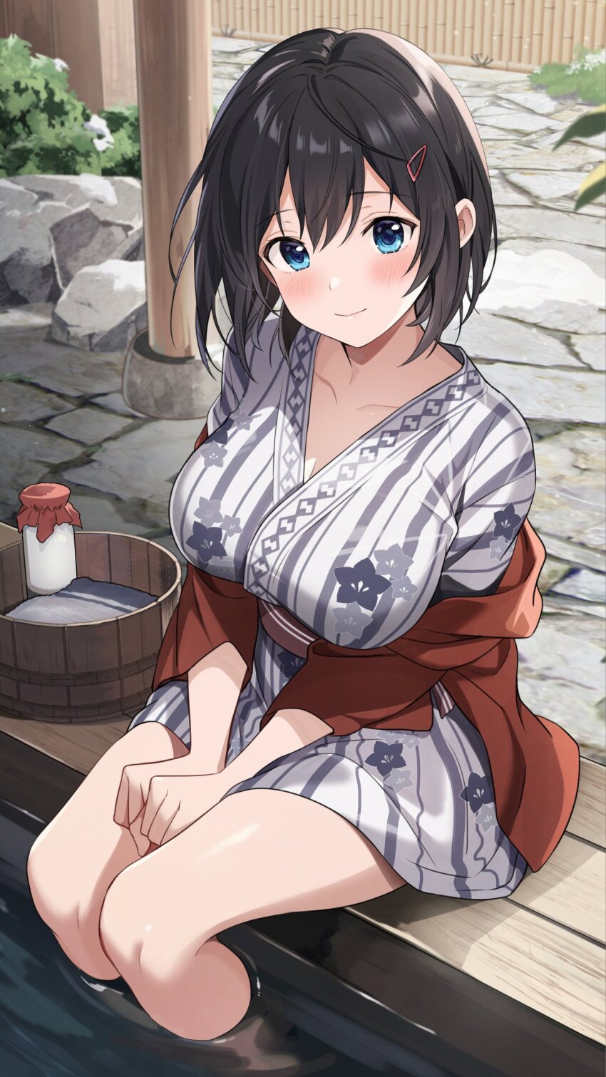1girl azuki_yui bamboo_fence bath bath_yukata black_hair blue_eyes blush bottle breasts bucket bush closed_mouth commentary_request feet_out_of_frame fence floral_print floral_print_kimono hair_between_eyes hair_ornament hairclip hanten_(clothes) highres japanese_clothes kimono large_breasts looking_at_viewer medium_hair milk_bottle obi off_shoulder ofuro original print_kimono red_sash rock sash short_kimono short_yukata sitting smile soaking_feet solo stone_floor striped_clothes striped_kimono towel water wooden_bucket yukata