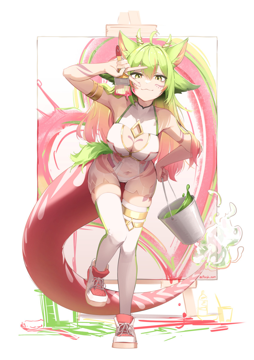 1girl absurdres animal_ear_fluff animal_ears bare_shoulders breasts bucket character_request cleavage_cutout clothing_cutout copyright_request green_hair highres horns large_breasts long_hair looking_at_viewer paint peesh_san shoes shorts skindentation sleeveless_turtleneck_leotard sneakers solo standing standing_on_one_leg tail thigh_gap thighhighs v very_long_hair white_thighhighs yellow_eyes