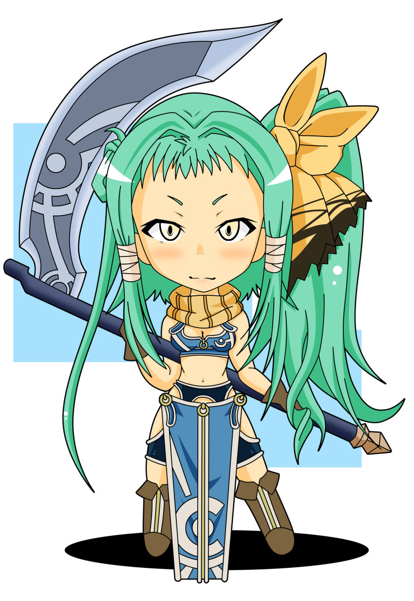 1girl blazing_souls boots bow breasts carla_(blazing_souls) chibi cleavage female_focus gloves green_hair hair_bow hair_ribbon highres knee_boots kuri_masa long_hair medium_breasts midriff ribbon scarf scythe side_ponytail solo spectral_(series) weapon yellow_eyes