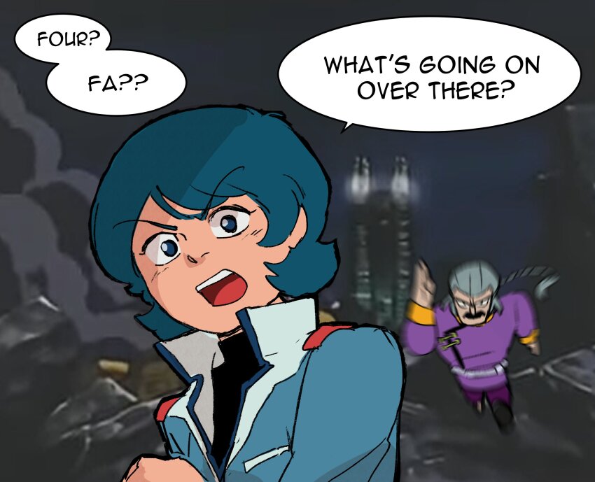 2boys black_eyes black_sweater blue_eyes blue_hair blue_jacket braid braided_ponytail commentary double_mmia english_commentary english_text facial_hair g_gundam grey_hair gundam highres in-franchise_crossover jacket kamille_bidan long_hair looking_at_viewer low_ponytail male_focus master_asia motion_blur multiple_boys mustache open_mouth pants ponytail portrait purple_jacket purple_pants running short_hair solo_focus speech_bubble sweater zeta_gundam