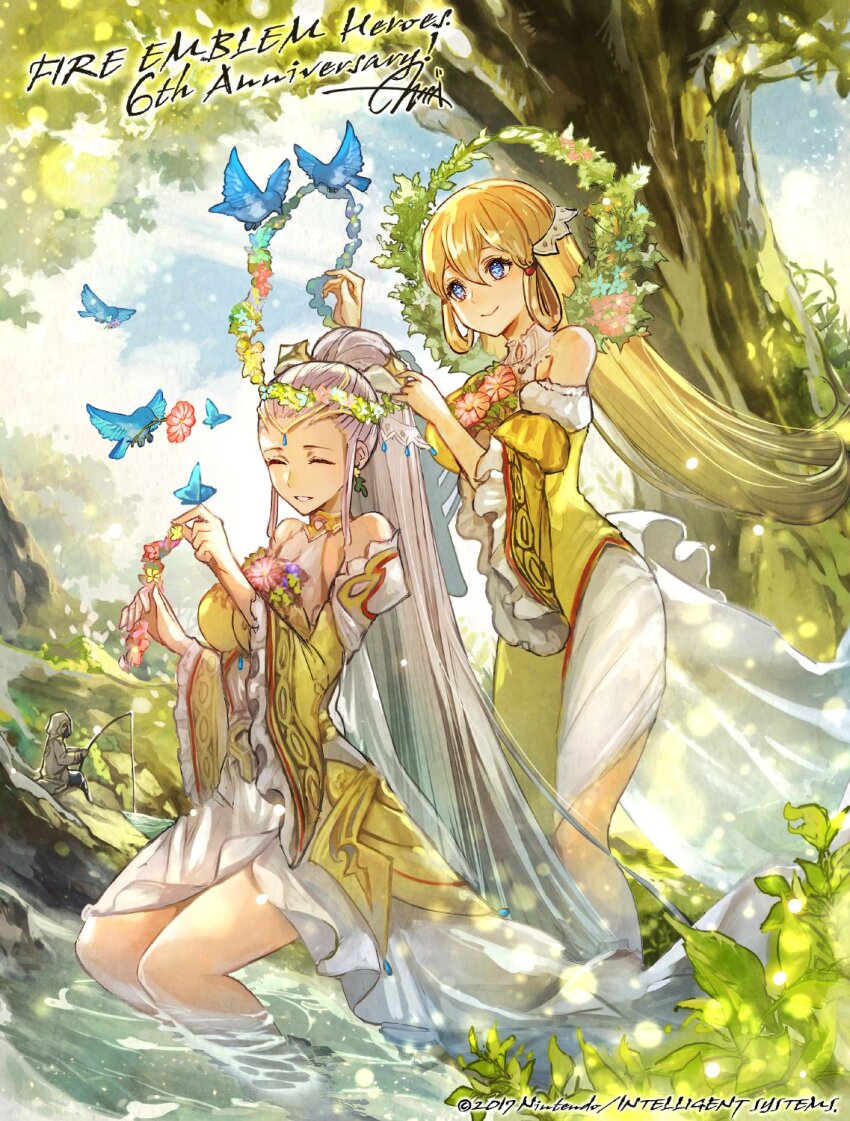 1other 2girls ambiguous_gender animal anniversary bare_shoulders bird blonde_hair blue_bird blue_eyes blue_flower blue_sky breasts cloak closed_eyes commentary_request copyright_name day detached_sleeves dress eir_(fire_emblem) eir_(life_ascendant)_(fire_emblem) english_text fire_emblem fire_emblem_heroes fishing fishing_rod flower grey_hair grin hair_between_eyes head_wreath highres holding holding_fishing_rod hood hood_up hooded_cloak jewelry kiran_(fire_emblem) leaf long_hair medium_breasts mixed-language_commentary multiple_girls nijihayashi nintendo official_alternate_costume official_art outdoors partially_submerged pink_flower ponytail signature sitting sky smile sunlight tree two-tone_dress very_long_hair water white_cloak white_dress yellow_dress yellow_flower ymir_(fire_emblem_heroes)