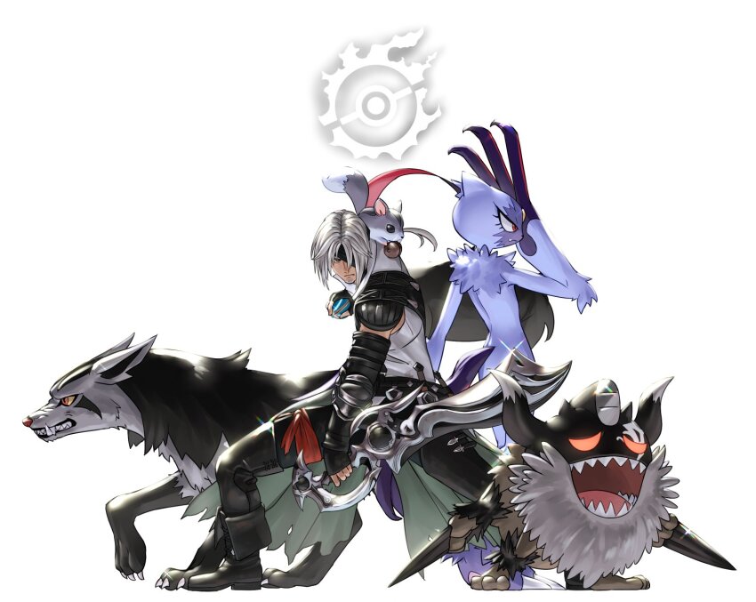 final_fantasy final_fantasy_xiv gen_3_pokemon gen_8_pokemon highres hyur mightyena nintendo nutkin perrserker pokemon potion_lilac sneasler tagme thancred_waters white_hair