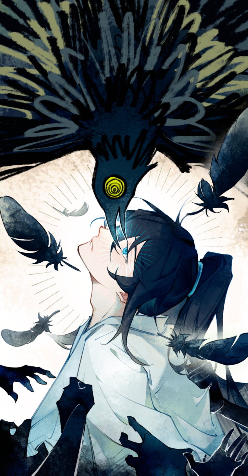 1boy absurdres bird bird_wings black_hair blue_eyes crow disembodied_hand feathered_wings from_side highres hong_lu_(project_moon) limbus_company long_hair looking_at_viewer looking_up male_focus ponytail project_moon shirt simple_background solo upper_body white_background white_shirt wings youyee