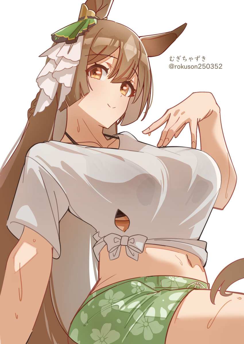 1girl absurdres animal_ears artist_name bikini black_bikini breasts brown_hair closed_mouth collarbone commentary cowboy_shot floral_print floral_print_shorts green_shorts highres horse_ears horse_girl large_breasts long_hair midriff mugichazuki navel print_shorts satono_diamond_(umamusume) shirt short_sleeves shorts simple_background smile solo split_mouth swimsuit tied_shirt twitter_username umamusume underboob wet wet_clothes wet_shirt white_background white_shirt