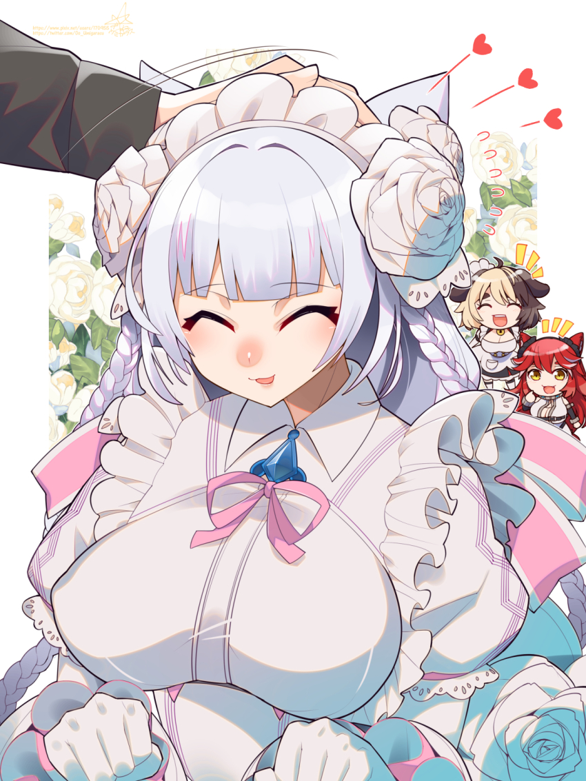1boy 3girls :3 :d :p ^_^ animal_ears apron black_dress blonde_hair blue_gemstone blunt_bangs blush braid breast_strap breasts brooch brown_hair cat_ears cat_girl chibi cleavage closed_eyes collared_dress commander_(last_origin) dress excited fenrir_(last_origin) flower frilled_dress frills gem gloves grey_hair hachiko_of_castling hair_flower hair_intakes hair_ornament headpat heart highres jewelry juliet_sleeves lace-trimmed_hair_ornament lace-trimmed_sleeves lace_trim large_breasts last_origin leaf long_sleeves maid_headdress multicolored_hair multiple_braids multiple_girls open_mouth perrault_(last_origin) pink_ribbon pixiv_id puffy_sleeves red_hair ribbon rose signature simple_background smile thighhighs tongue tongue_out twitter_username two-tone_hair umigarasu_(kitsune1963) white_background white_dress white_flower white_gloves white_rose yellow_eyes