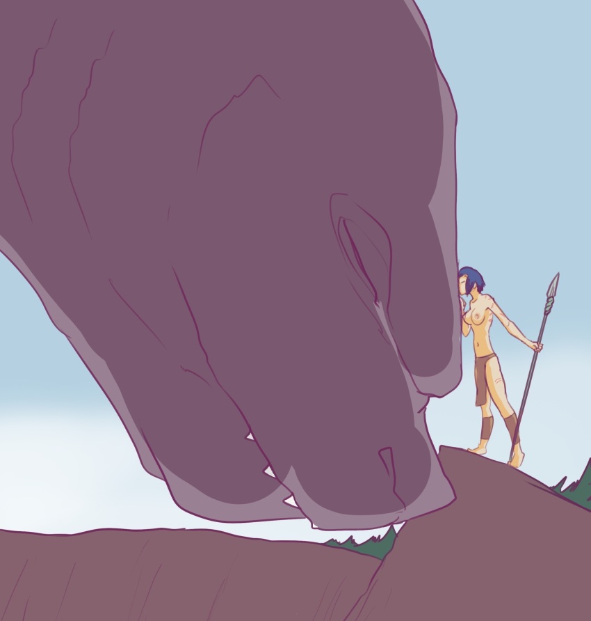 1girl absurdres ammunition arrow_(projectile) blue_hair bow bow_(weapon) breasts closed_eyes cloud dark_clouds forest giant giant_monster godzilla godzilla_(monsterverse) godzilla_(series) highres jungle kaiju legendary_pictures loincloth midriff monster monsterverse mountain mutant_(godzilla) nature nekozumia nipples nude polearm quiver saegusa_miki_(godzilla) scar short_hair spear storm toho topless_female tree warner_bros weapon
