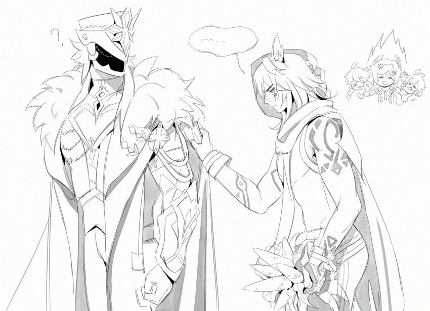 ... 2boys 2girls 3boys ? aether_(genshin_impact) animal_ear_fluff animal_ears arm_guards arm_tattoo bat_ears blush capitano_(genshin_impact) carrot chibi citlali_(genshin_impact) closed_mouth coat confused couple facial_tattoo fire food friends fur-trimmed_coat fur_trim genshin_impact gloves grandmother_and_grandson hair_between_eyes hand_on_another&#039;s_shoulder hand_tattoo hand_up headscarf helmet highres holding holding_food hood hood_up long_hair long_sleeves looking_down looking_to_the_side mayonnaise_mon messy_hair monochrome multiple_boys multiple_girls nervous open_clothes open_coat ororon_(genshin_impact) paimon_(genshin_impact) scarf short_hair shoulder_tattoo simple_background sleeveless speech_bubble standing tank_top tattoo white_background yaoi