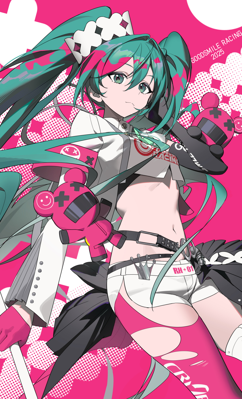 1girl absurdres airseal asymmetrical_sleeves closed_mouth commentary_request cowboy_shot elbow_gloves gloves green_eyes green_hair hair_between_eyes hatsune_miku highres long_hair looking_at_viewer navel pink_background racing_miku racing_miku_(2025) shorts solo stuffed_animal stuffed_toy twintails very_long_hair vocaloid white_shorts
