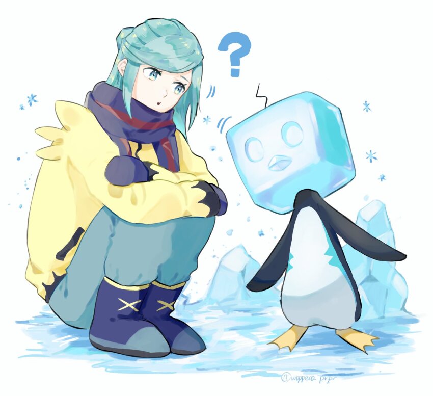 1boy ? blue_footwear boots commentary_request eiscue eiscue_(ice) gen_8_pokemon green_eyes green_hair grusha_(pokemon) highres jacket long_sleeves looking_down male_focus mittens nintendo open_mouth pants pokemon pokemon_(creature) pokemon_sv scarf squatting striped_clothes striped_scarf woppero_prpr yellow_jacket