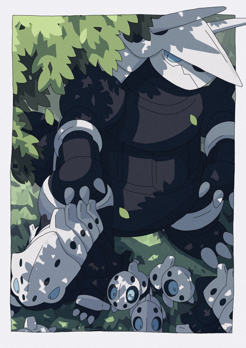 absurdres aggron armor aron blue_sclera border claws closed_eyes colored_sclera game_freak gen_3_pokemon grass hida_rite highres lairon nintendo no_humans outdoors plant pokemon standing white_border