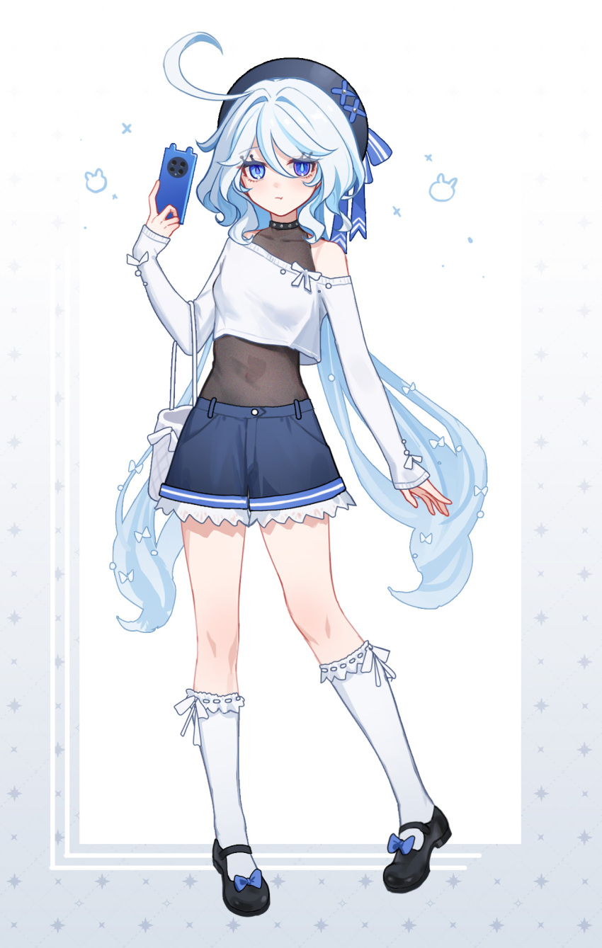 1girl :t black_shoes black_shorts blue_eyes blue_hair cellphone closed_mouth crop_top full_body furina_(genshin_impact) genshin_impact hair_between_eyes hat heterochromia highres holding holding_phone long_hair long_sleeves multicolored_hair phone shirt shoes shorts smartphone solo standing streaked_hair symbol-shaped_pupils thighhighs very_long_hair white_background white_hair white_shirt white_thighhighs yukiri_(l_ii)