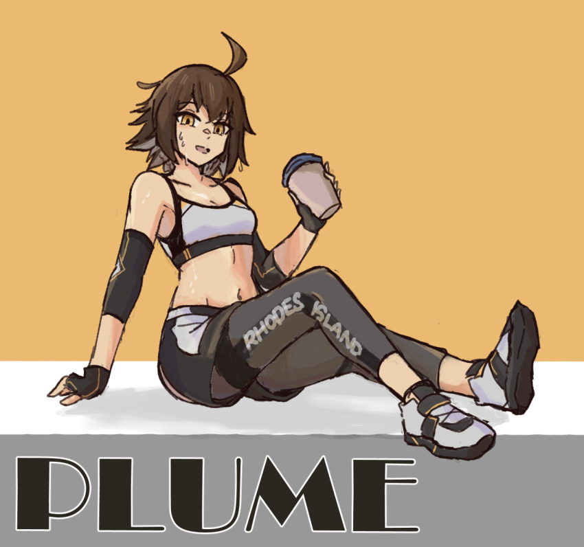 1girl ahoge arknights astrograph21 bare_shoulders black_gloves black_shorts brown_hair character_name clothes_writing commentary cup disposable_coffee_cup disposable_cup fingerless_gloves gloves grey_pants holding holding_cup leggings official_alternate_costume pants plume_(arknights) plume_(easy_time)_(arknights) shoes short_hair shorts simple_background sitting solo sports_bra yellow_background yellow_eyes
