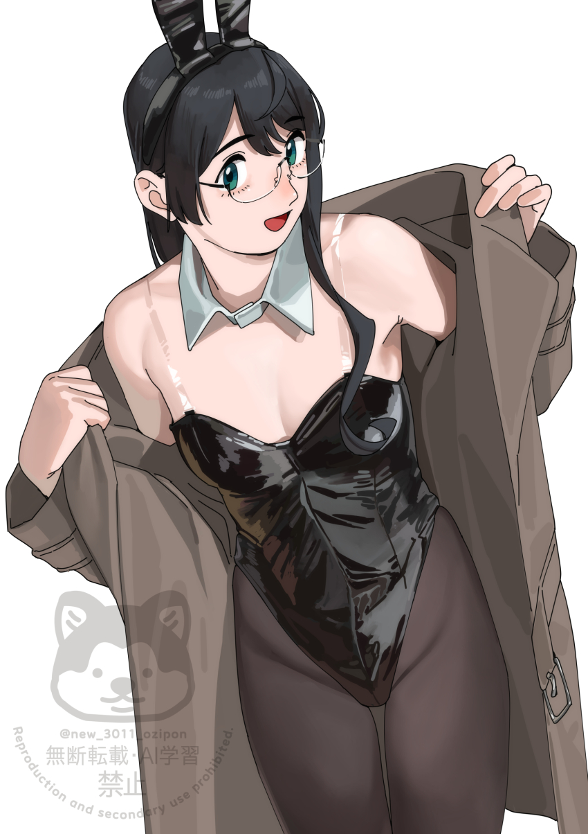 1girl animal_ear_hairband animal_ears black_hair black_leotard black_pantyhose breasts coat detached_collar fake_animal_ears green_eyes hairband highres kantai_collection leotard long_hair ojipon ooyodo_(kancolle) open_clothes open_coat pantyhose playboy_bunny rabbit_ears see-through_strap simple_background small_breasts smile solo strapless strapless_leotard watermark white_background wrist_cuffs
