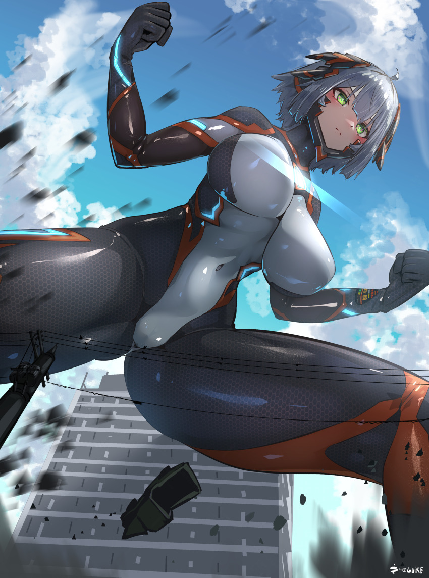 1girl absurdres aircraft black_bodysuit blue_sky bodysuit breasts building cameltoe city clenched_hands cloud colossus_(natsukaze_shigure) covered_navel day destruction from_below giant giantess green_eyes grey_hair headgear helicopter highres impossible_bodysuit impossible_clothes large_breasts magical_girl natsukaze_shigure original outdoors personification short_hair skin_tight sky solo thighs variant_set