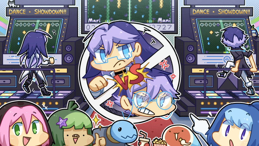 &gt;:( ._. 2boys 3girls 727_(meme) ahoge anger_vein antenna_hair arcade_cabinet arrow_(symbol) bemani blue-framed_eyewear blue_eyes blue_hair blunt_bangs brand_name_imitation brother_and_sister clenched_teeth closed_mouth colored_bangs commentary competition contest_winner cup dance_dance_revolution disposable_cup double-parted_bangs eating english_commentary food frown glasses gloves green_hair hair_between_eyes hair_ornament highres holding holding_cup indoors long_hair mani_(osu!) mari_(osu!) meme meowmiaw mocha_(osu!) multicolored_hair multiple_boys multiple_girls notice_lines osu! pink_hair pippi_(osu!) pointing popcorn purple_hair round_eyewear second-party_source semi-rimless_eyewear short_hair siblings sparkle star_(symbol) star_hair_ornament taiko_no_tatsujin taikonator_(osu!) teeth thumbs_up twins two-tone_hair under-rim_eyewear v-shaped_eyebrows v-shaped_eyes wada_don white_gloves yuzu_(osu!)