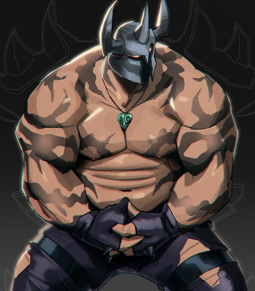 1boy bara black_gloves black_pants body_markings broad_shoulders chris_sdd covered_navel dark_background fake_horns fingerless_gloves gloves glowing glowing_eyes helmet highres horned_helmet horns jewelry league_of_legends male_focus mordekaiser muscular muscular_male necklace pants pectorals topless_male torn_clothes torn_pants