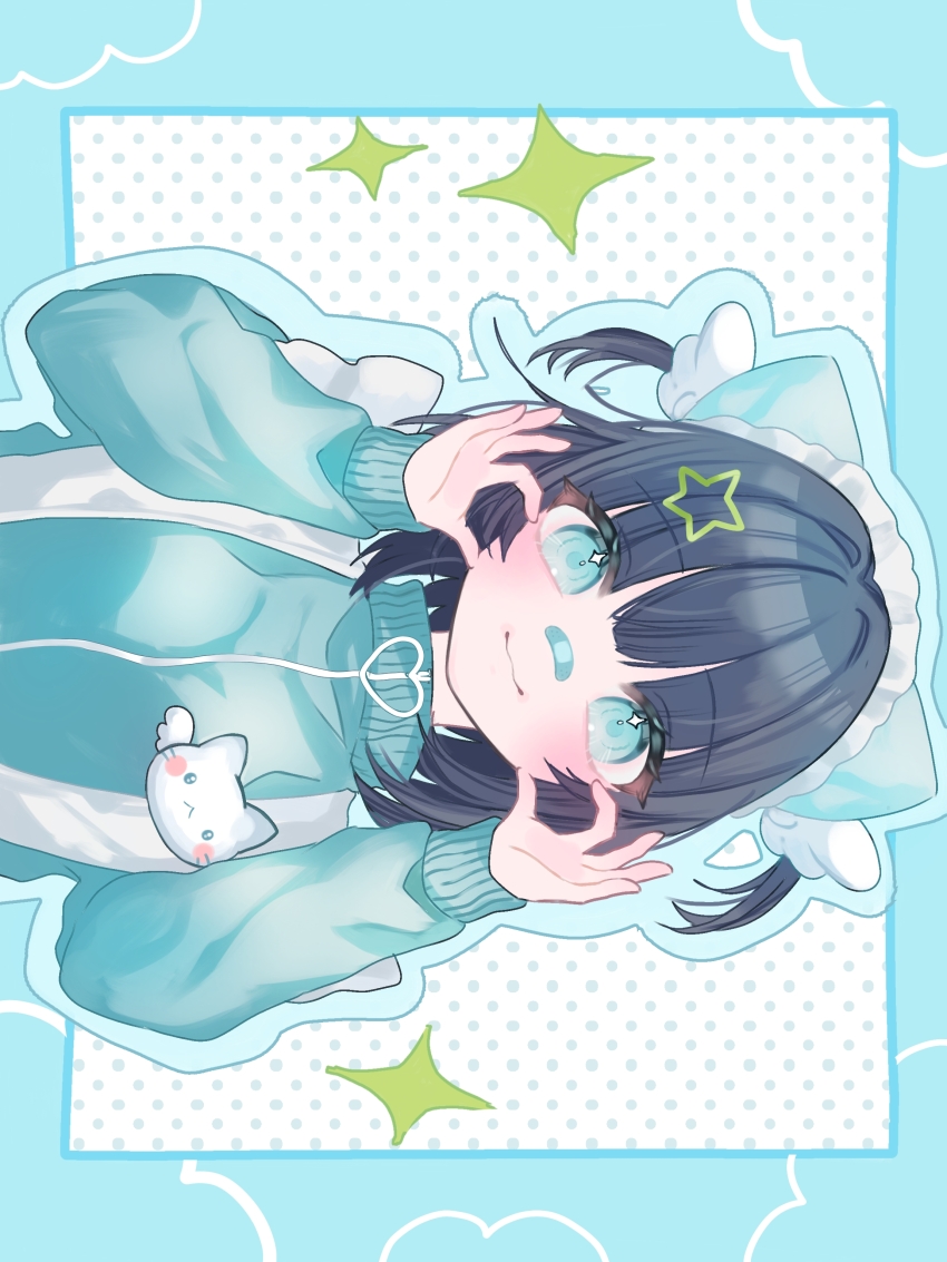 1girl :3 absurdres animal_ears apron aqua_border aqua_eyes aqua_jacket aqua_theme bandaid bandaid_on_face bandaid_on_nose black_hair border cat_ears closed_mouth fake_animal_ears frilled_apron frills hair_ornament highres ibispaint_(medium) jacket jersey_maid long_sleeves looking_at_viewer maid maid_headdress original polka_dot polka_dot_background shiina_(user_ecjx4545) short_hair sidelocks sideways simple_background smile solo sparkle star_(symbol) star_hair_ornament two_side_up unconventional_maid upper_body white_apron white_background wing_hair_ornament
