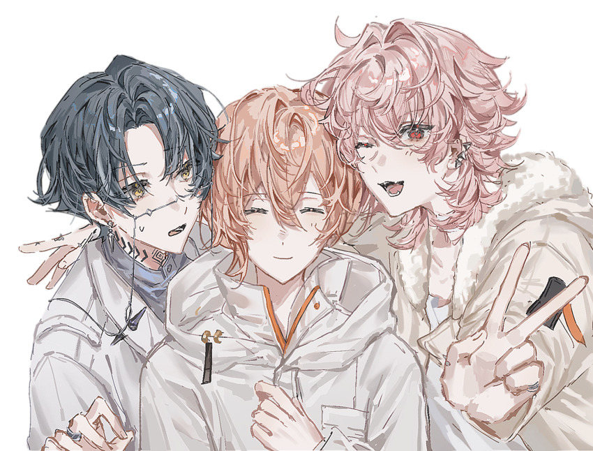 1nm8_(paradox_live) 3boys black_hair blue_shirt chinese_commentary closed_eyes closed_mouth commentary_request curtained_hair fangs fur-trimmed_jacket fur_trim hair_intakes hand_on_own_chest highres hood hood_down hoodie itsuki_(paradox_live) jacket jiu_ba long_sleeves male_focus medium_hair miyama_kei multiple_boys neck_tattoo one_eye_closed open_clothes open_jacket open_mouth orange_hair paradox_live parted_bangs pink_hair red_eyes rokuta_(paradox_live) shirt short_hair simple_background smile sweat tattoo v variant_set white_background white_hoodie white_jacket yellow_eyes