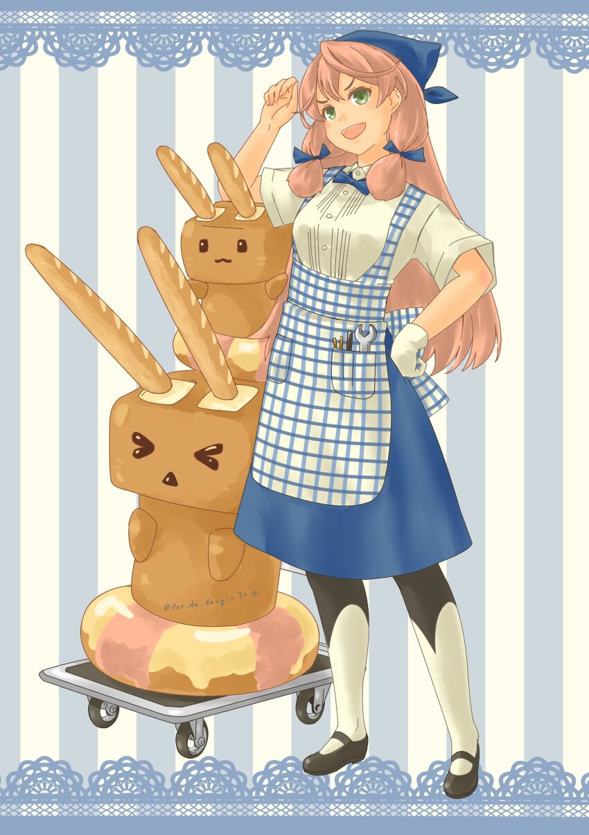 1girl absurdres akashi_(kancolle) alternate_costume apron blue_apron blue_bow blue_bowtie blunt_tresses bow bowtie bread employee_uniform food full_body gingham_apron gingham_skirt gloves green_eyes hair_ribbon highres kantai_collection kobeya_uniform long_hair looking_at_viewer pink_hair plaid_apron plaid_clothes pleated_shirt pot-de rensouhou-chan ribbon smile solo standing striped_background tress_ribbon white_gloves