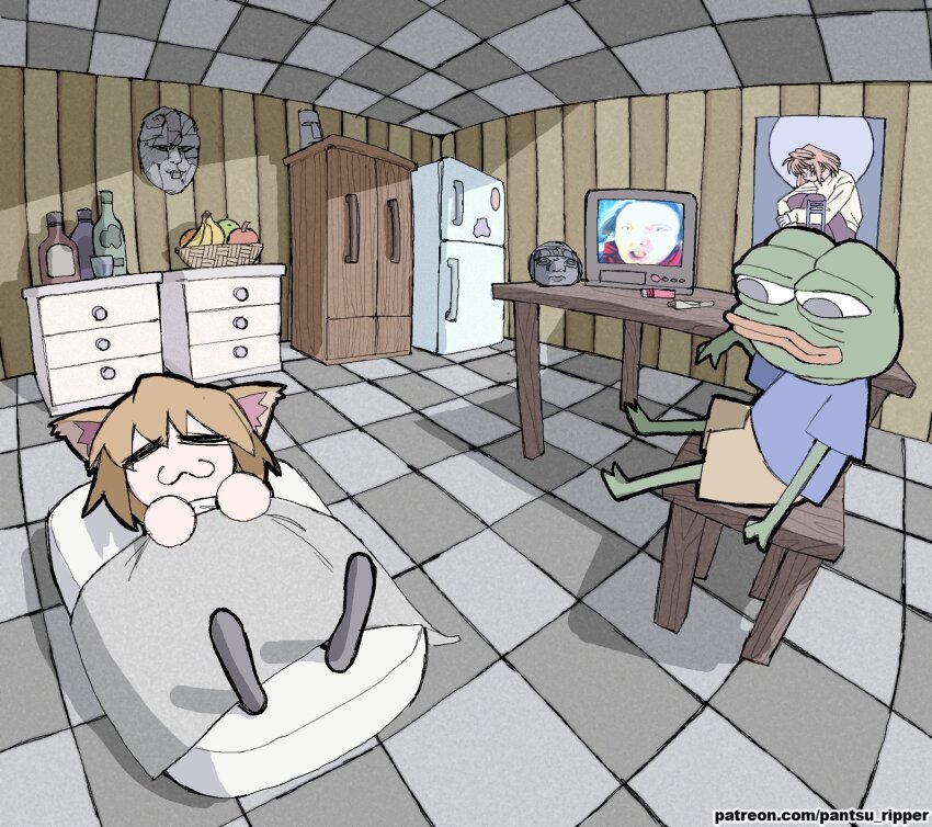 1boy 1girl :3 =_= animal_ears arcueid_brunestud blanket bottle boy&#039;s_club cat_ears closed_eyes closet drawer fruit_bowl highres jojo_no_kimyou_na_bouken mattress moai neco-arc pantsu-ripper pepe_the_frog poster_(object) refrigerator sleeping stone_mask_(jojo) table television tsukihime watermark web_address