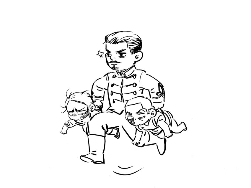 3boys aged_down anger_vein blank_eyes boots bruise bruise_on_face carrying carrying_multiple_people carrying_person chengongzi123 child closed_mouth deformed facial_hair full_body goatee golden_kamuy highres injury koito_otonoshin lineart looking_to_the_side male_focus military_uniform multiple_boys mustache running short_hair simple_background tsukishima_hajime tsurumi_tokushirou very_short_hair white_background