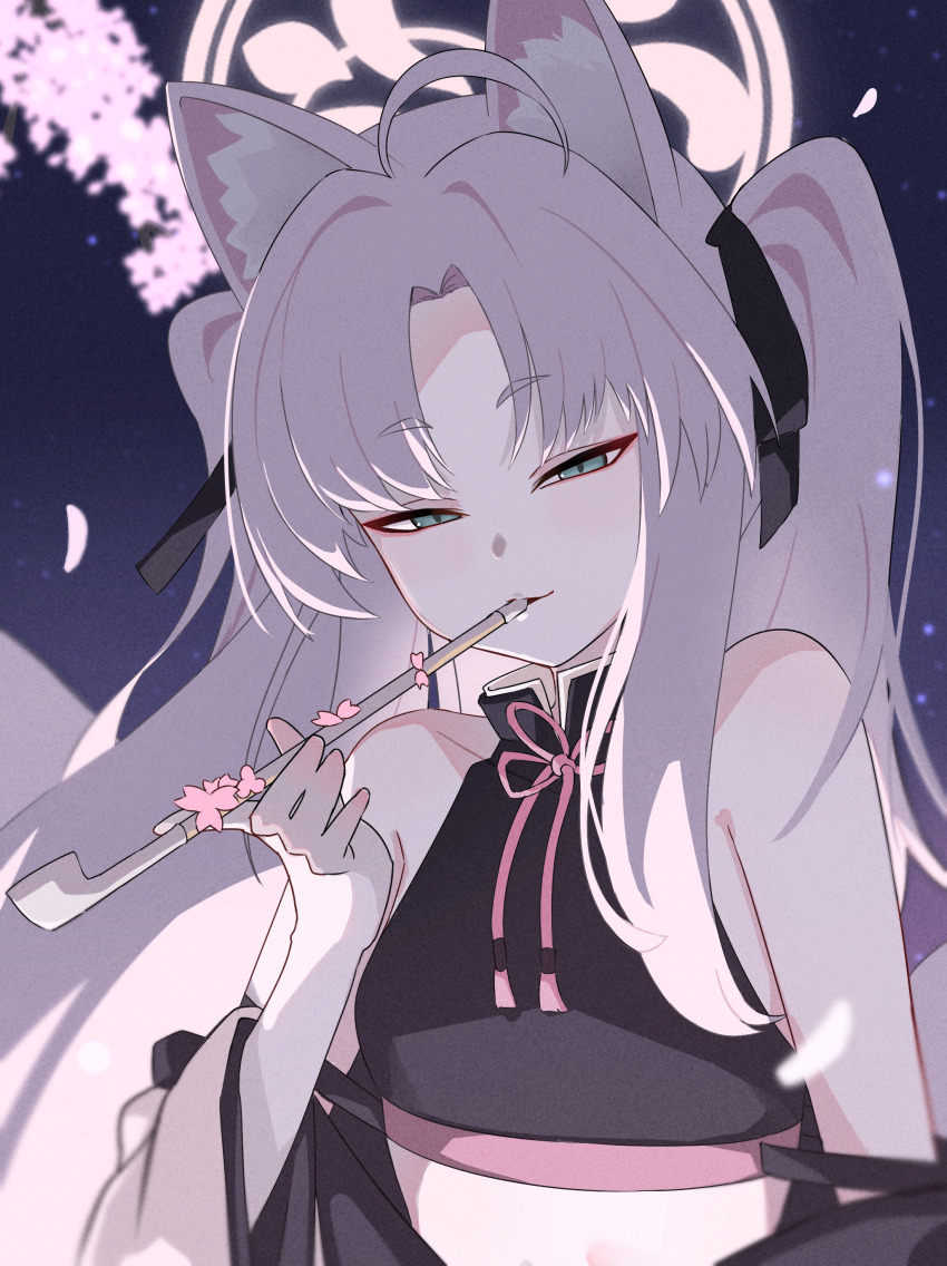1girl absurdres ahoge animal_ears bare_arms bare_shoulders black_kimono black_ribbon black_tank_top blue_archive fox_ears fox_girl green_eyes hair_ribbon highres holding holding_smoking_pipe japanese_clothes kimono kimono_partially_removed kuzunoha_(blue_archive) kyurosuku long_hair looking_at_viewer parted_bangs ribbon sidelocks smoking_pipe tank_top two_side_up white_hair