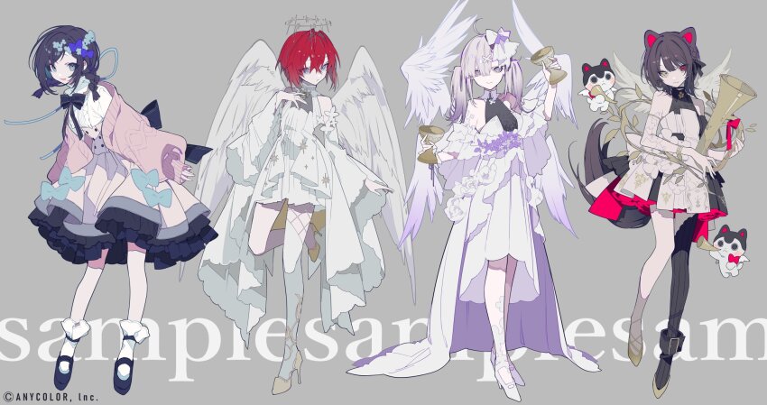 4girls :d aiba_uiha ange_katrina angel_wings animal_ears ankle_belt back_bow black_bow black_bowtie black_dress black_footwear black_hair black_ribbon black_thighhighs blue_bow blue_eyes blue_flower bow bowtie bracelet braid brown_hair bugle cardigan center_frills chalice closed_mouth collared_dress cup detached_sleeves dog dog_ears dog_girl dog_tail dress dress_bow dress_flower expressionless flower french_braid frilled_skirt frills full_body grey_background grey_hair hair_between_eyes hair_bow hair_flower hair_intakes hair_ornament hair_ribbon hairclip halo head_tilt heterochromia high-low_skirt high-waist_skirt high_heels highres holding holding_cup holding_instrument horn_(instrument) instrument inui_toko jewelry judgement_(tarot) light_purple_hair long_hair looking_at_viewer mary_janes mochizuki_kei multiple_girls multiple_wings nijisanji off_shoulder official_art open_mouth pink_cardigan pink_skirt plant purple_eyes red_eyes red_hair ribbon sample_watermark shawl shirt shoes short_hair simple_background single_thighhigh skirt sleeveless sleeveless_dress smile socks standing strength_(tarot) sukoya_kana swept_bangs tail tarot temperance_(tarot) the_lovers_(tarot) thighhighs twin_braids twintails two-tone_dress vines virtual_youtuber watermark white_bow white_dress white_flower white_footwear white_shawl white_shirt white_socks white_thighhighs wide_sleeves wings x_hair_ornament yellow_eyes yellow_shoes