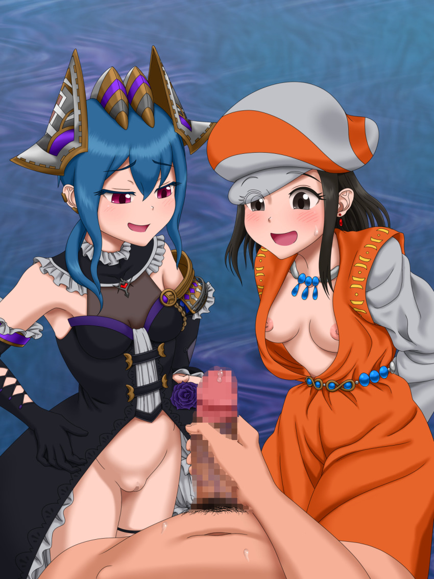 1boy 2girls arc_the_lad black_dress black_hair blue_hair blush breasts breasts_out censored dress gloves hat hetero looking_at_penis male_masturbation male_pubic_hair masturbation mosaic_censoring multiple_girls nipples no_panties nonohito open_clothes open_mouth penis pov pov_crotch pov_hands precum pubic_hair pussy small_breasts smile standing