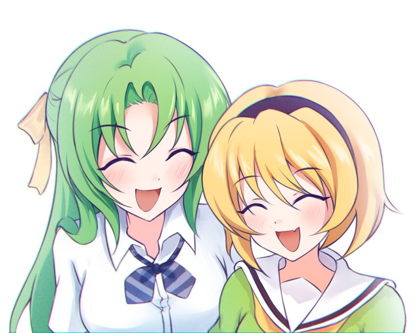 2girls ^_^ black_hairband blonde_hair blue_bow blue_bowtie blush bow bowtie breasts closed_eyes collar collared_shirt commentary curtained_hair diagonal-striped_bow diagonal-striped_bowtie diagonal-striped_clothes dress facing_another fang green_dress green_hair hair_ribbon hairband half_updo highres higurashi_no_naku_koro_ni houjou_satoko large_breasts long_hair multiple_girls neckerchief nyako_(x_nyako_x) open_mouth ribbon sailor_collar sailor_dress school_uniform shirt short_hair simple_background smile sonozaki_shion st._lucia_academy_school_uniform striped_clothes upper_body white_background white_collar white_sailor_collar yellow_neckerchief yellow_ribbon