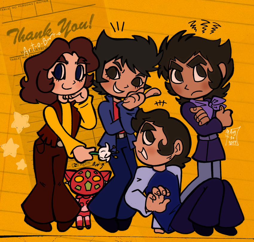 +++ 4boys absurdres alternate_costume art_o_bart_o artist_name ascot bell-bottoms blue_eyes blue_jacket blue_shirt brown_eyes brown_hair brown_pants brown_vest casual cat chibi crossed_arms duke_fleed eyelashes flower frown full_body getter-1 getter_robo grin hand_up highres holding holding_flower index_finger_raised jacket kabuto_kouji light_blush long_sideburns long_sleeves looking_at_another looking_up male_focus mazinger_(series) mazinger_z multiple_boys nagare_ryoma non-humanoid_robot notice_lines on_ground open_clothes open_vest pants profile purple_ascot purple_shirt raglan_sleeves red_shirt red_undershirt robot robot_cat shirt short_hair sideburns sideways_glance sitting smile squiggle thank_you thick_eyebrows tsurugi_tetsuya two-tone_shirt ufo_robo_grendizer vest white_flower yellow_background yellow_shirt