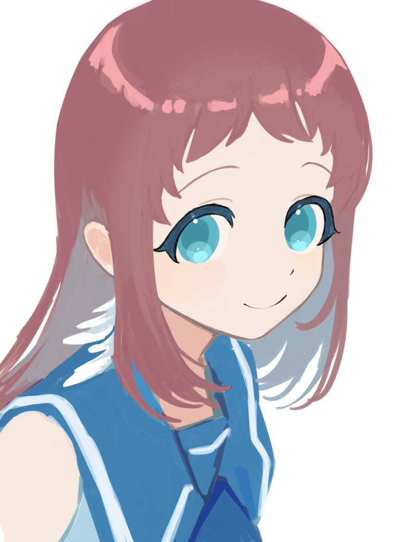 1girl anniversary aogu_(senpooook1) blue_eyes blue_sailor_collar brown_hair highres long_hair looking_at_viewer mukaido_manaka nagi_no_asukara nami_junior_high_school_uniform sailor_collar school_uniform serafuku simple_background sleeveless smile solo upper_body white_background