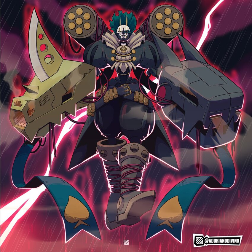 addriano_divino boots dark_masters digimon digimon_(creature) facing_viewer fusion lightning metalseadramon mugendramon original piemon pinochimon rain solo