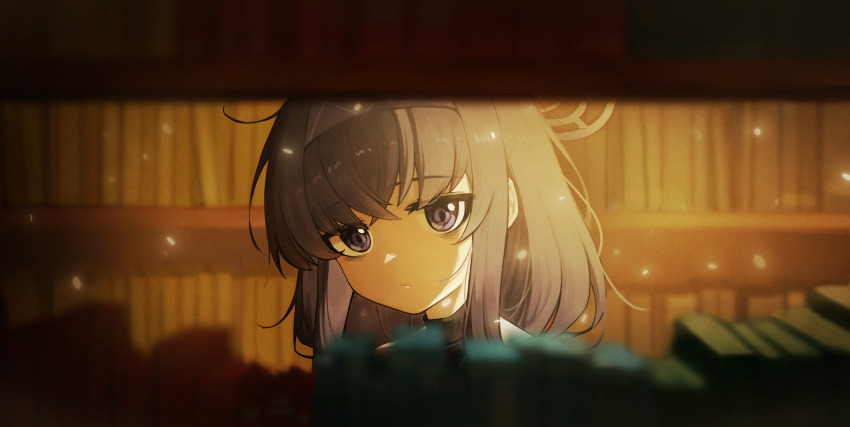 1girl absurdres bags_under_eyes black_hair blue_archive book bookshelf bookshelf_pov commentary_request hair_between_eyes hairband halo highres library looking_at_viewer messy_hair moving_gun purple_eyes purple_hairband solo turtleneck ui_(blue_archive)
