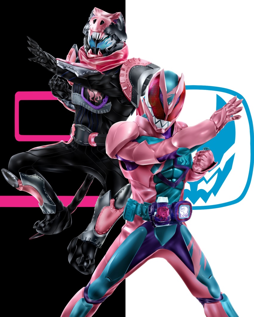 2boys absurdres animal_hood armor black_armor blue_armor blue_eyes bodysuit compound_eyes dinosaur rider_belt gloves highres hood kamen_rider kamen_rider_revi kamen_rider_revice kamen_rider_vice kuzurx logo male_focus multiple_boys pink_armor pink_scarf purple_bodysuit red_eyes revice_driver rex_genome rider_belt scarf sharp_teeth tail teeth tokusatsu tyrannosaurus_rex vistamp