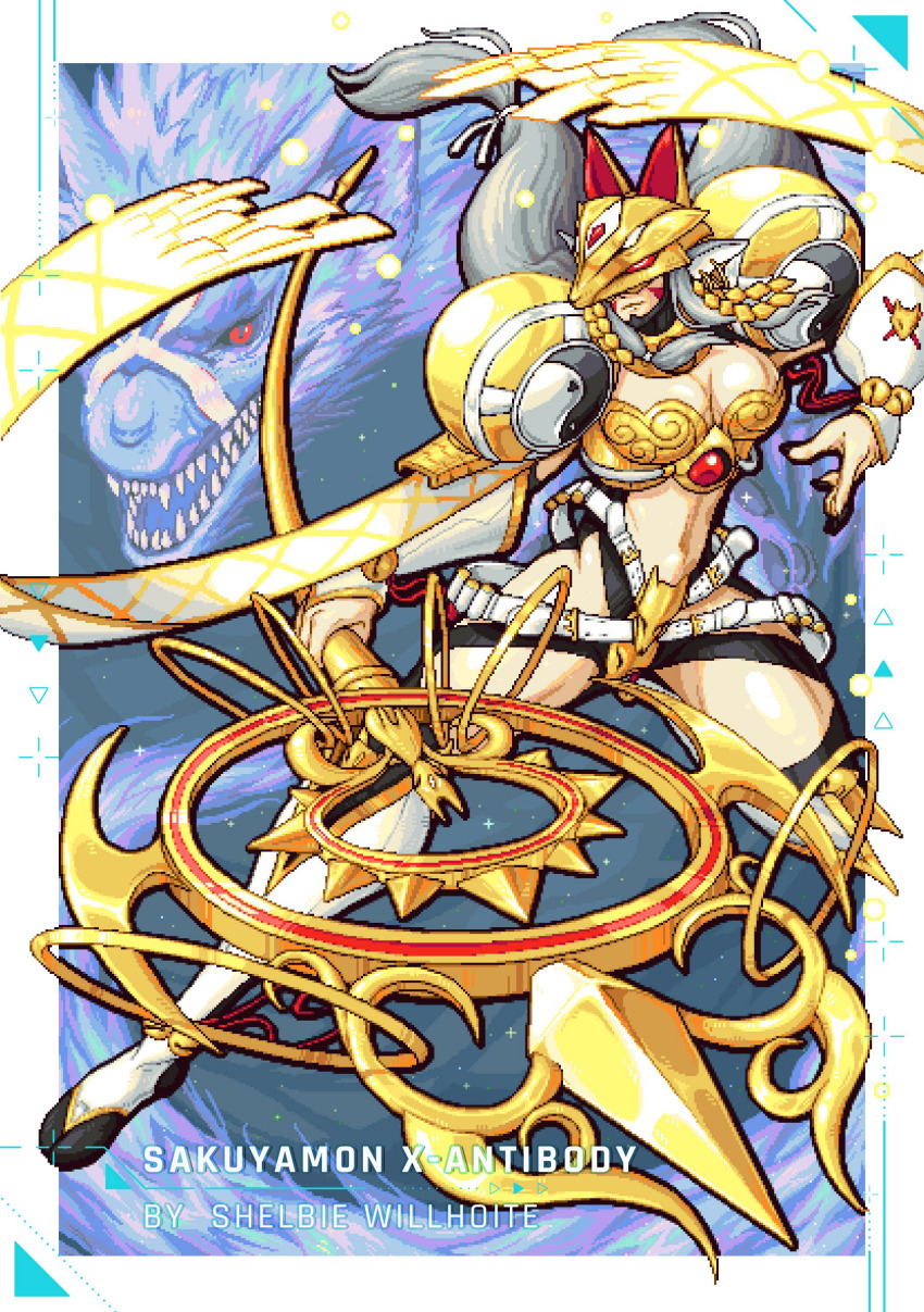 absurdres armor digimon digimon_(creature) fox_mask highres long_hair mask nail_polish sakuyamon sakuyamon_x-antibody yin_yang