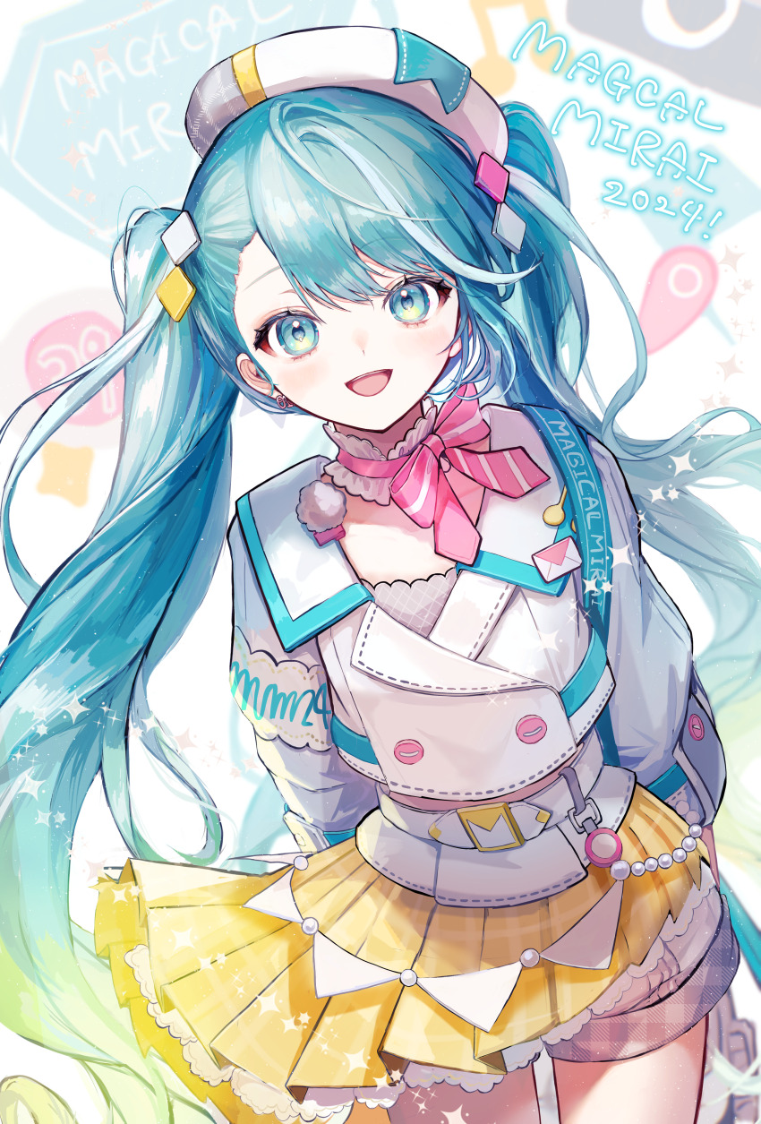 1girl :d absurdres aqua_eyes aqua_hair bangs_pinned_back beads belt beret breasts buttons collar cowboy_shot diamond_hair_ornament double-breasted english_text gradient_hair green_hair hat hatsune_miku highres jacket long_hair looking_at_viewer magical_mirai_(vocaloid) midriff multicolored_hair open_mouth pink_ribbon pipi_(pipinavigation) pleated_skirt ribbon shorts shorts_under_skirt skirt smile solo sparkle swept_bangs twintails very_long_hair vocaloid white_belt white_collar white_hat white_jacket white_shorts yellow_skirt