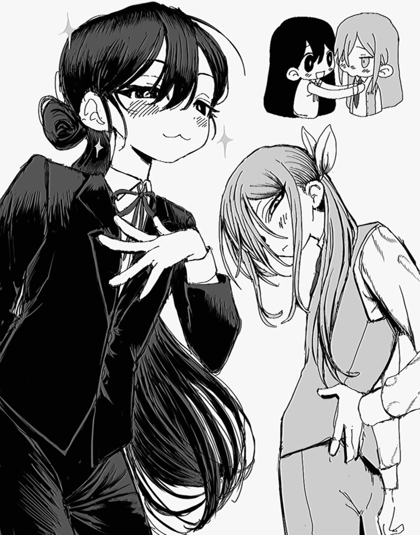 2girls :3 alternate_costume alternate_hairstyle aubrey_(faraway)_(omori) aubrey_(omori) blush bright_pupils butler chibi closed_mouth female_butler greyscale hair_ribbon highres long_hair long_sleeves looking_at_viewer low_ponytail mari_(faraway)_(omori) mari_(omori) monochrome multiple_girls omori pants ponytail ribbon simple_background tate_ware_anal