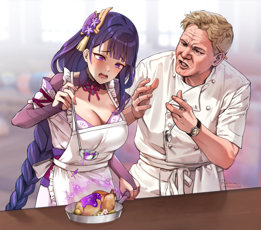1boy 1girl @_@ apron bad_food blonde_hair blunt_bangs blurry blurry_background braid breasts bridal_gauntlets chef commentary crossover electricity english_commentary food foxyreine frilled_apron frills frying_pan genshin_impact gordon_ramsay hair_ornament hand_up hands_up hell&#039;s_kitchen highres holding indoors ladle large_breasts long_hair low-braided_long_hair low-tied_long_hair mole mole_under_eye neck_ribbon obi open_mouth parted_lips purple_eyes purple_hair raiden_shogun raised_eyebrows real_life ribbon sash short_hair spoon tearing_up watch white_apron window wrinkled_skin wristwatch
